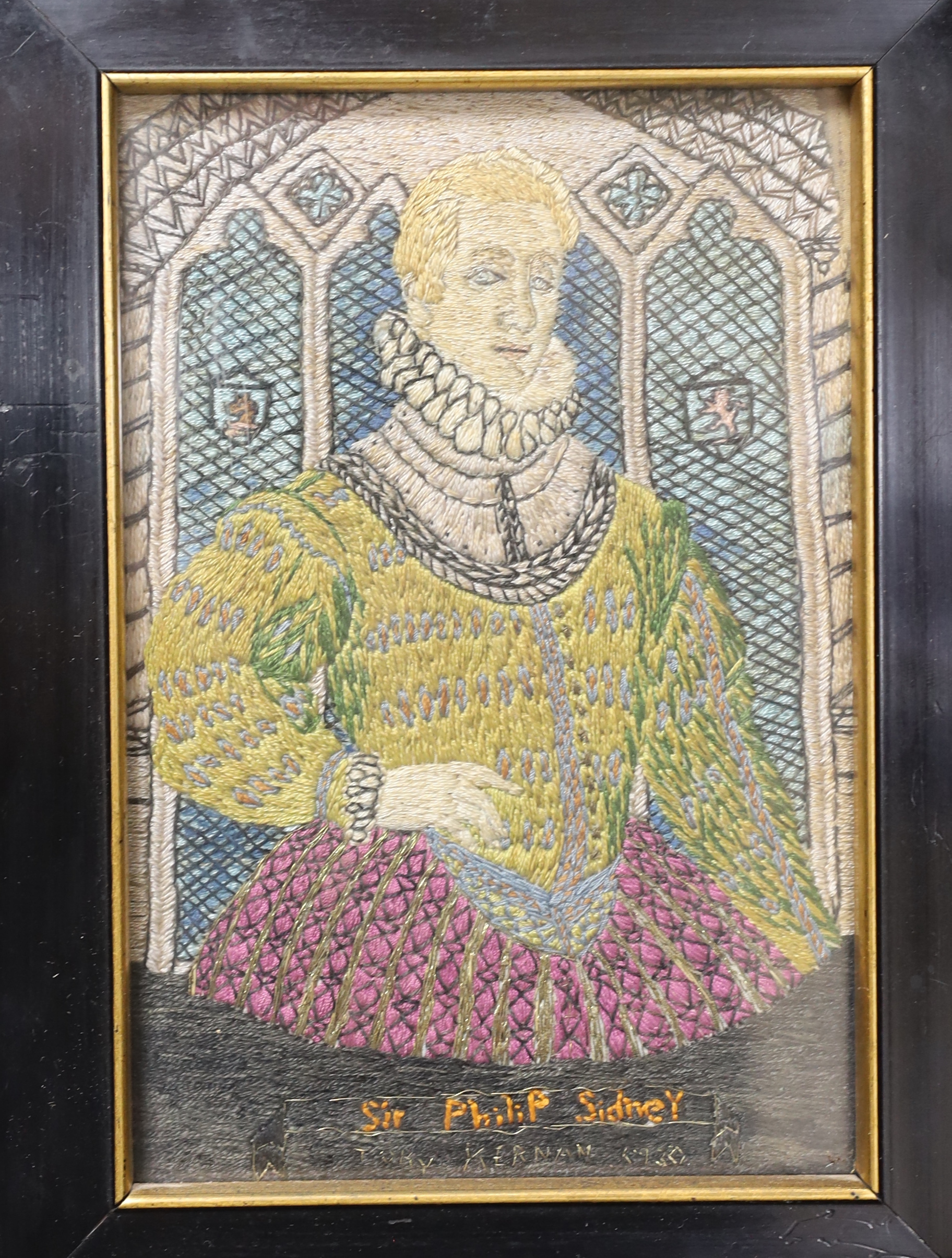 A set of four unusual framed portrait embroideries dated 1930-1931 by Toby Keenan of: Henry VIII, Queen Jane Seymour 1536, Sir Philip Sidney and a similar portrait of A Young Lady 1572, (4), largest 14cms wide x 19.5cm h